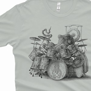 Octopus T-Shirt Gift Men's Octopus Shirt Octopus Playing Drums Shirt Men's Graphic Tee Octopus Drummer Octopus Gifts Music Gift Silver