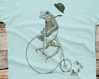 Frog on Bike T-shirt - Men's Penny Farthing shirt - Animal Tshirt -  Antique Bike - Bicycle Shirt - Animal Shirt - Bike Shirt - Frog Tshirt