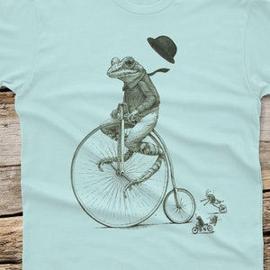 Frog on Bike T-shirt - Men's Penny Farthing shirt - Animal Tshirt -  Antique Bike - Bicycle Shirt - Animal Shirt - Bike Shirt - Frog Tshirt