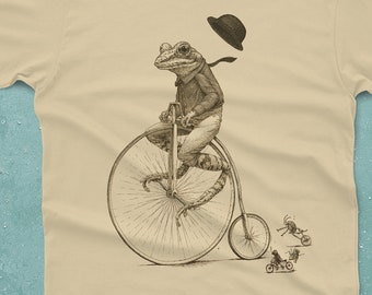 Frog on Bike T-shirt - Frog Shirt - Men's Penny Farthing Bicycle Tshirt - Frog Tee Shirt - Husband Gift