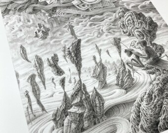 Surreal Insect Art Print: The Mantis and Her Boy, Signed Giclee, Fantasy praying mantis pencil drawing