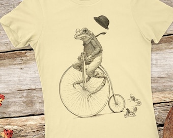 Women's Frog T-Shirt: Animal on Bicycle, Pen & Ink Art, Gift for wife or girlfriend