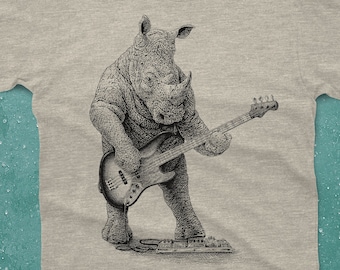 Rhinoceros T-Shirt Gift - Rhino Playing Bass Shirt - Men's Rhinoceros Shirt - Men's Graphic Tee Rhino Bass Guitar Rhinoceros Gift Music Gift