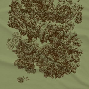 A Mushroom Drawing that contains all different species of mushrooms screen printed onto a soft unisex tee. Available on Cream and Light Olive.