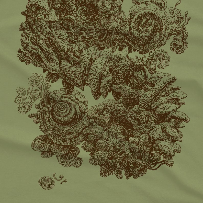 A Mushroom Drawing that contains all different species of mushrooms screen printed onto a soft unisex tee. Available on Cream and Light Olive.