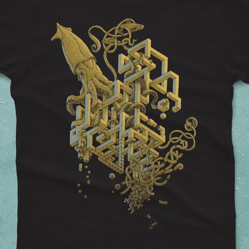A surreal optical illusion drawing with a giant squid printed on a black T-shirt. From a drawing by Michael Phipps