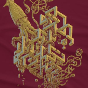 A surreal optical illusion drawing with a giant squid printed on a dark red T-shirt. From a drawing by Michael Phipps.