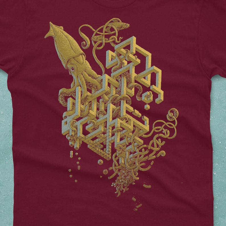 A surreal optical illusion drawing with a giant squid printed on a dark red T-shirt. Its tentacles are weaving in an impossible structure. From a drawing by Michael Phipps