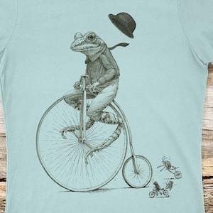 Frog riding a penny farthing bicycle