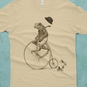 Frog on Bike T-shirt Frog Shirt Men's Penny Farthing Bicycle Tshirt Frog Tee Shirt Husband Gift Cream