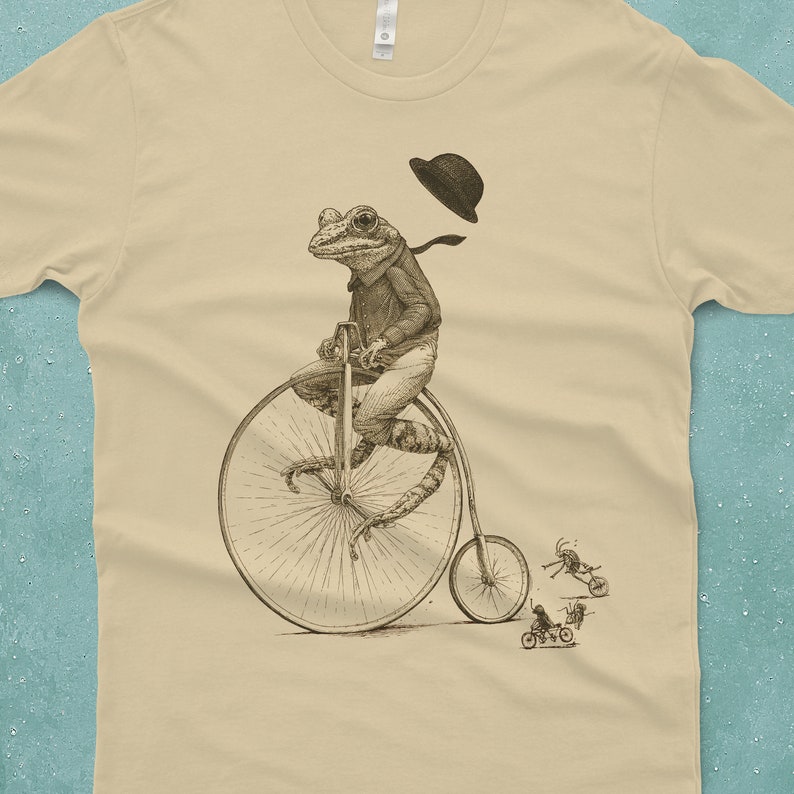 Frog on Bike T-shirt Frog Shirt Men's Penny Farthing Bicycle Tshirt Frog Tee Shirt Husband Gift Cream