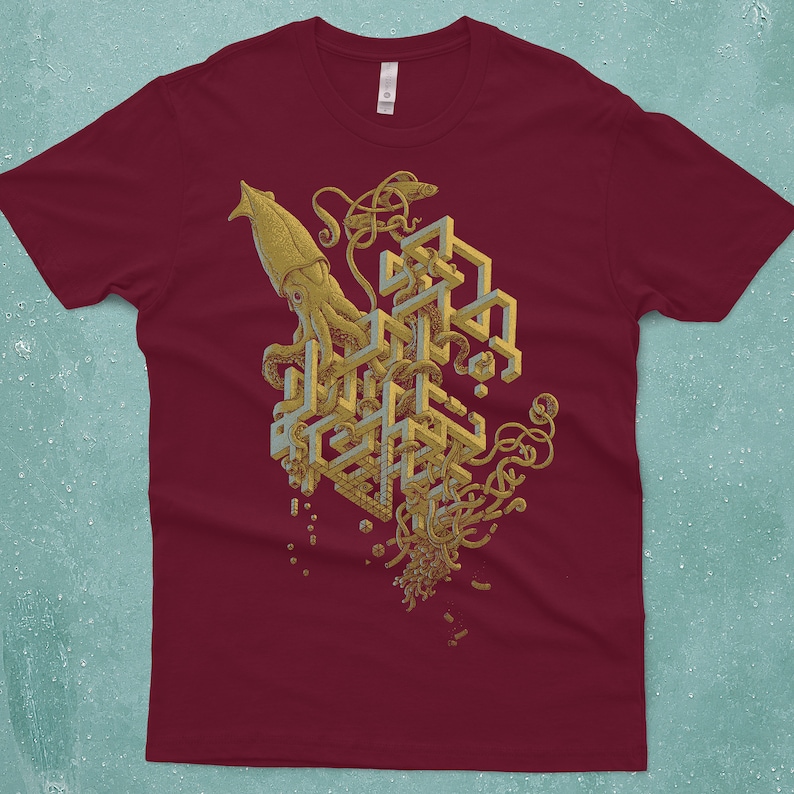 A giant squid surrounded by an impossible structure, reminiscent of M.C. Escher. Screen printed on a cranberry red, Next Level T-shirt by Scatterbrain Tees