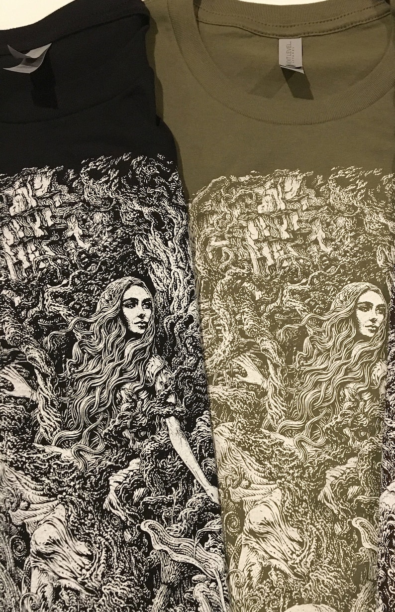 Nature lovers screen printed tee available on black and army colored Next Level 100% cotton shirts. Artwork is drawn by shop owner Michael Phipps.