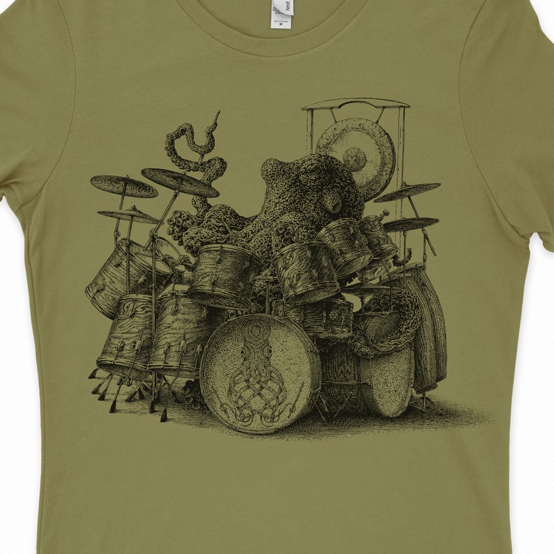 Women's Octopus T-Shirt Octopus Playing Drums Shirt Octopus Shirt Gift Women's Graphic Tee Octopus Gifts Octopus Drummer Music Shirt Light Olive