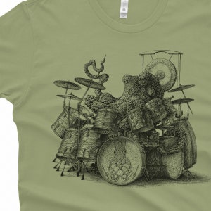 Octopus playing drums shirt on light olive
