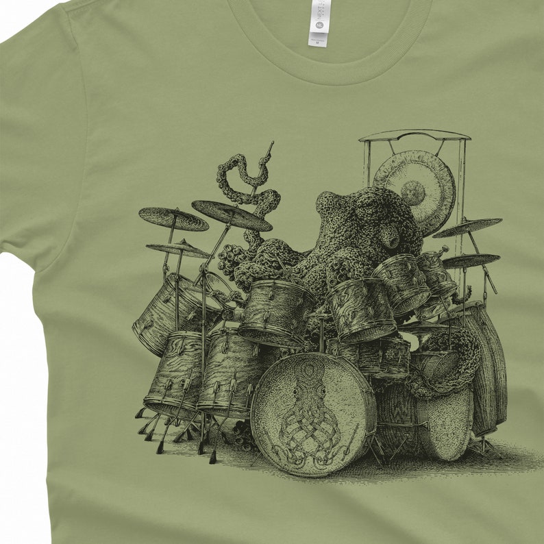 Octopus playing drums shirt on light olive