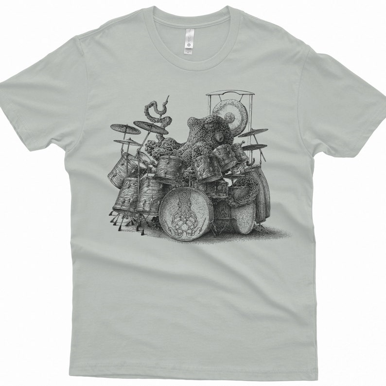 Octopus T-Shirt Gift Men's Octopus Shirt Octopus Playing Drums Shirt Men's Graphic Tee Octopus Drummer Octopus Gifts Music Gift Silver