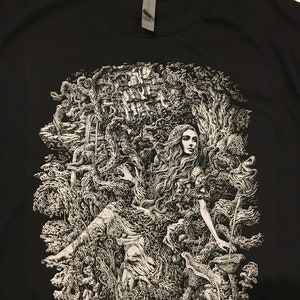 Mother Natures Daughter image hand screen printed on a next level black or army green 100% cotton tee.