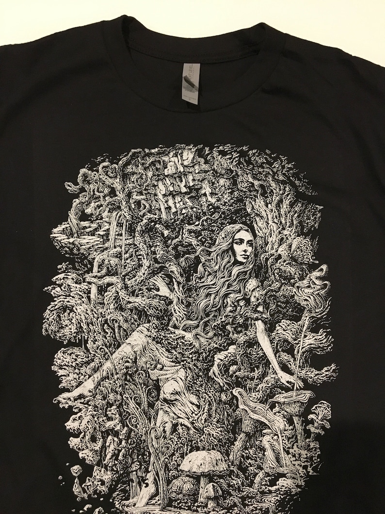 Mother Natures Daughter image hand screen printed on a next level black or army green 100% cotton tee.
