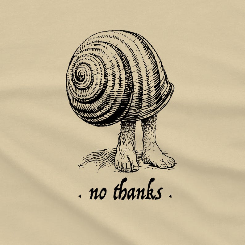 A Snail shell with human feet sticking out of the bottom. The caption reads "no thanks", as if to say the person doesn't want to come out of their shell. It's printed in black on a cream shirt.
