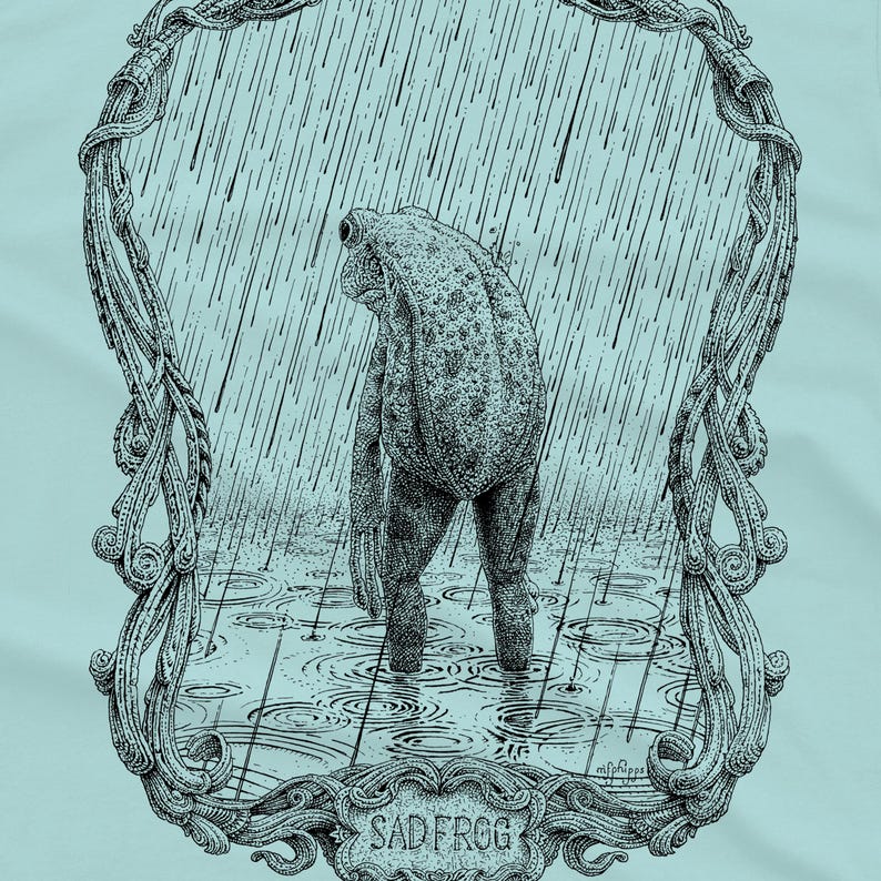 A drawing of a sad frog standing in the rain, surrounded by an ornate border. Screen printed onto a blue, Next Level brand T-shirt.