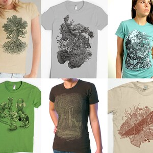 Puede incluir: Seis camisetas diferentes con ilustraciones de tem&aacute;tica natural. Las camisetas son de varios colores, incluyendo beige, gris, verde azulado, verde, marr&oacute;n y beige. Las ilustraciones incluyen un &aacute;rbol, un bosque, una mantis religiosa, ranas y un hongo.