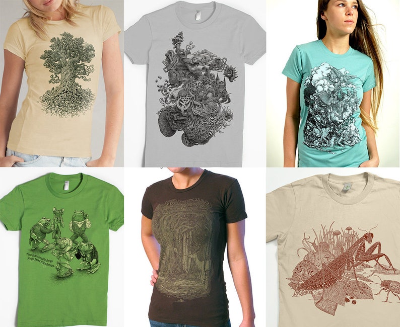 Puede incluir: Seis camisetas diferentes con ilustraciones de tem&aacute;tica natural. Las camisetas son de varios colores, incluyendo beige, gris, verde azulado, verde, marr&oacute;n y beige. Las ilustraciones incluyen un &aacute;rbol, un bosque, una mantis religiosa, ranas y un hongo.