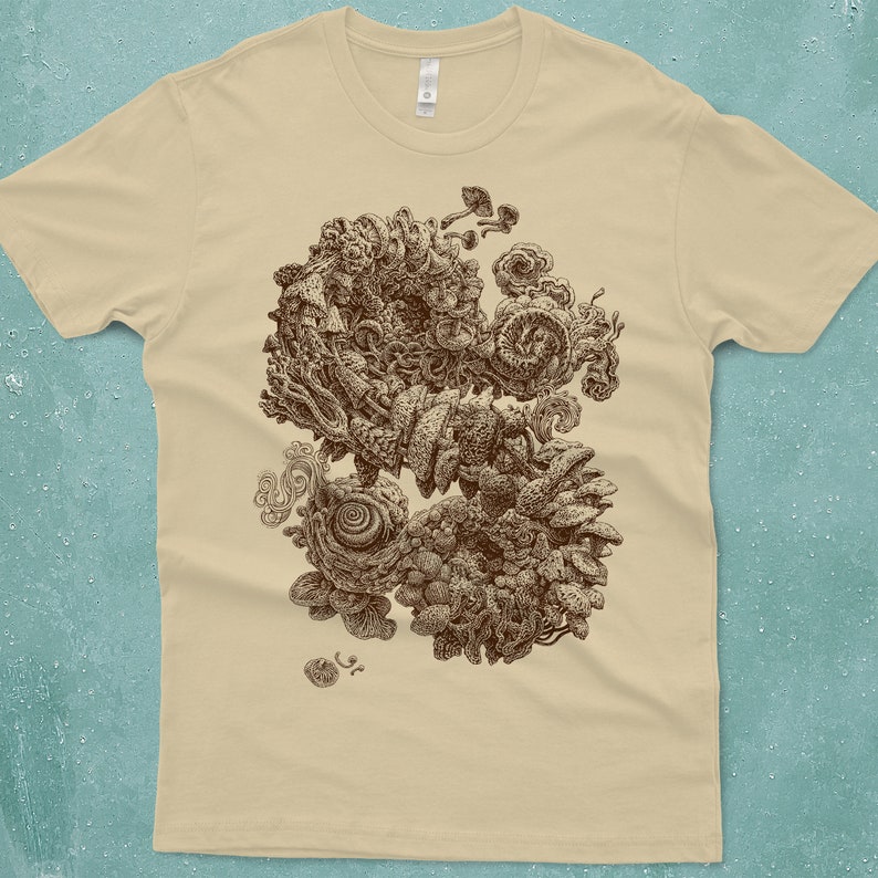 Mens Nature Tshirt. A highly detailed tee hand screen printed with a swirling spiral of infinite mushrooms. A great mens tee for hikers, climbers and all outdoor enthusiasts.