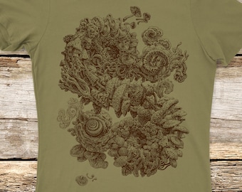 Women's Mushroom T-Shirt: Hand Screen Printed Nature Art