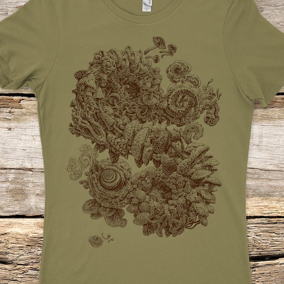 Women's Mushroom T-Shirt: Hand Screen Printed Nature Art