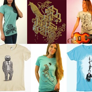 Puede incluir: Un collage de diez dise&ntilde;os diferentes de camisetas con varios estampados gr&aacute;ficos. Los dise&ntilde;os incluyen un perezoso con traje, una criatura de la laguna negra, un calamar, una bicicleta y una pila de herramientas.