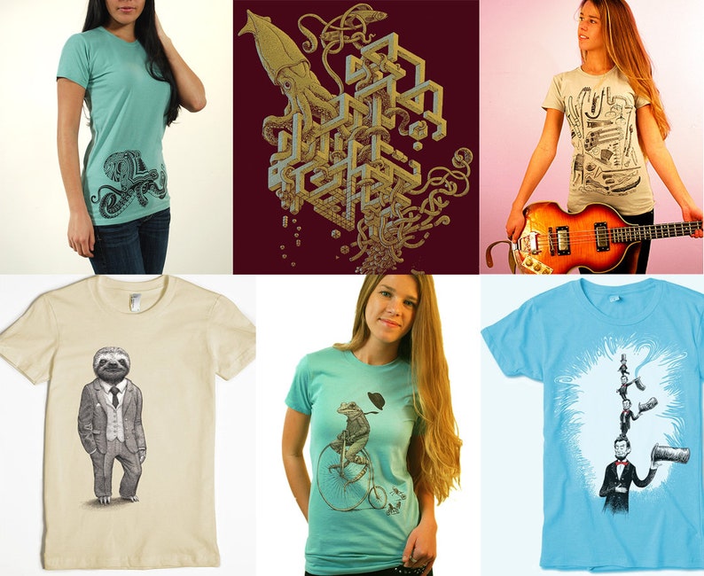 Puede incluir: Un collage de diez dise&ntilde;os diferentes de camisetas con varios estampados gr&aacute;ficos. Los dise&ntilde;os incluyen un perezoso con traje, una criatura de la laguna negra, un calamar, una bicicleta y una pila de herramientas.
