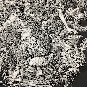 A woman dipping her toes in a small stream with a turtle and mushrooms on the shore on a tshirt.