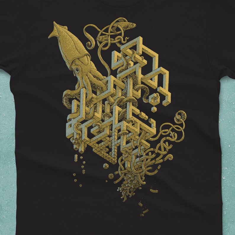 Squid T-shirt Men's Shirt Optical Illusion Tshirt Graphic Tee Men's Gift Giant Squid Surreal Art Black
