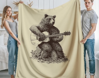 Personalized Bear Playing Guitar Blanket, Men's Bear Fleece Throw, Custom Name Teddy Bear Sherpa Blanket, Fleece Kids Bear Blanket