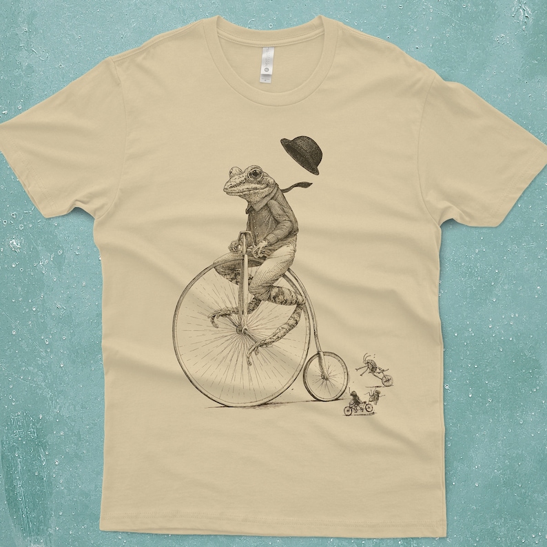 Frog on Bike T-shirt Frog Shirt Men's Penny Farthing Bicycle Tshirt Frog Tee Shirt Husband Gift image 1