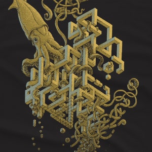 A giant squid surrounded by an impossible structure, reminiscent of M.C. Escher. Screen printed on a black, Next Level T-shirt by Scatterbrain Tees