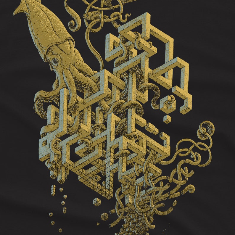 A giant squid surrounded by an impossible structure, reminiscent of M.C. Escher. Screen printed on a black, Next Level T-shirt by Scatterbrain Tees