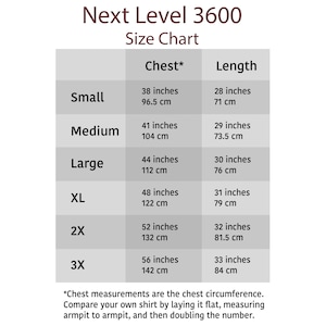 Next Level Crew Neck T-shirt size chart