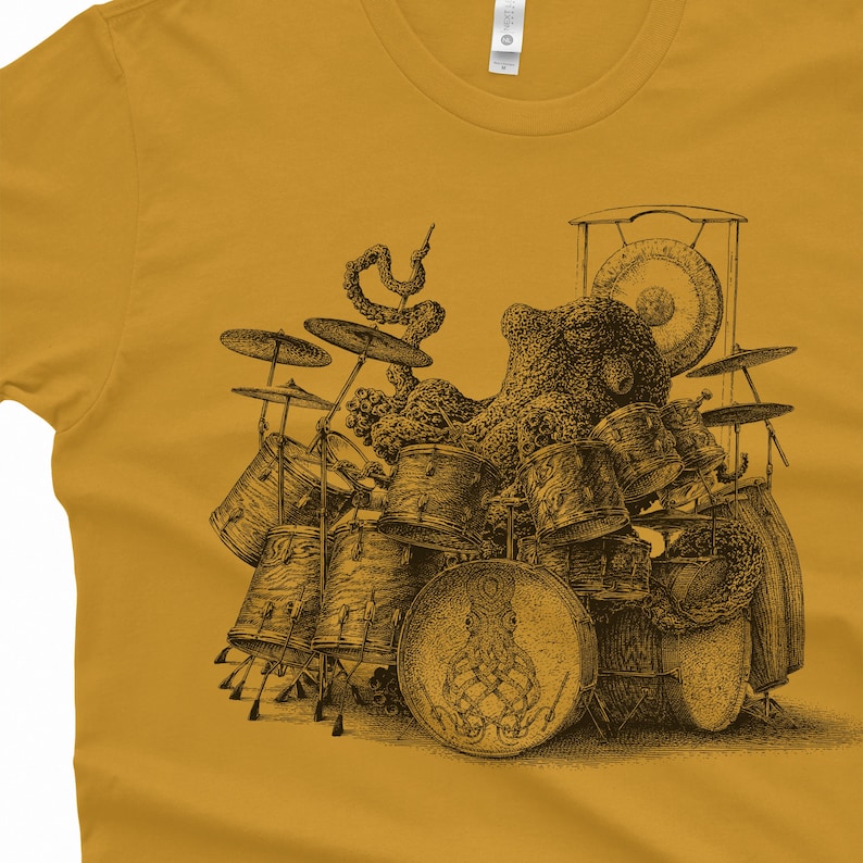 Chemise pieuvre jouant de la batterie chemise homme pieuvre cadeau T-shirt pieuvre cadeau batteur chemise pieuvre chemise joueur de batterie chemise batteur Antique Gold