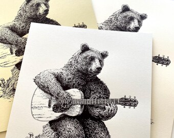 Bear Guitar Screen Print: Music Animal Art (Signed & Numbered), Screen Printed Line Drawing with acoustic guitar