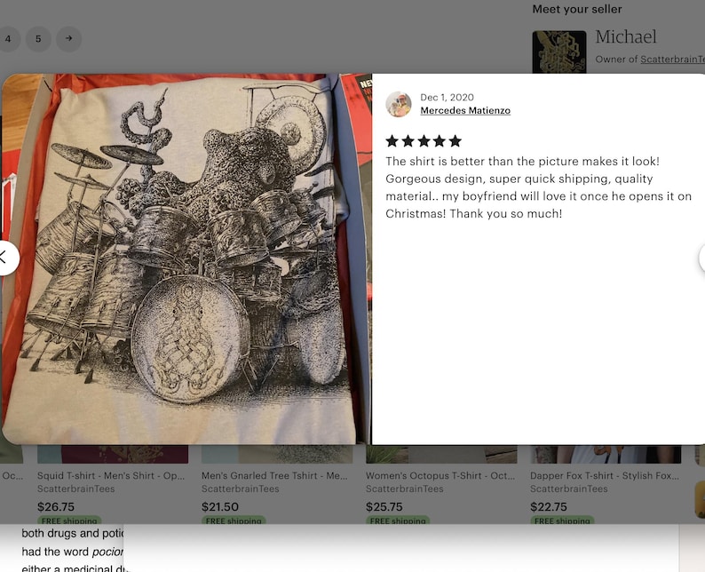 Customer five star review of the Octopus playing drums shirt