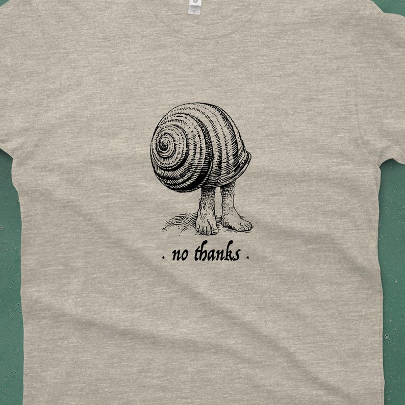 A Snail shell with human feet sticking out of the bottom. The caption reads "no thanks". It's printed with black ink on a heather gray shirt.
