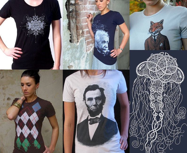 Puede incluir: Una colecci&oacute;n de camisetas con varios dise&ntilde;os gr&aacute;ficos. Los dise&ntilde;os incluyen un patr&oacute;n geom&eacute;trico, un retrato de Albert Einstein, un zorro con traje y un dise&ntilde;o de medusa.