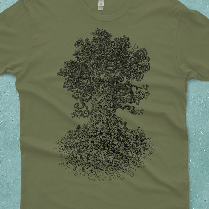 Tree Shirt Gnarled Tree Tshirt Men's Graphic Tee Tree of Life Scatterbrain Tees Cool Gifts Army Green