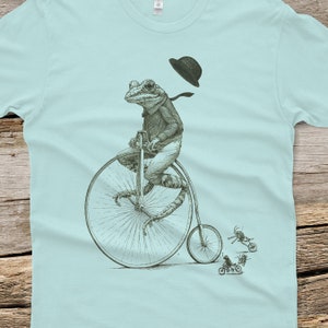 Frog on Bike T-shirt Frog Shirt Men's Penny Farthing Bicycle Tshirt Frog Tee Shirt Husband Gift Light Blue