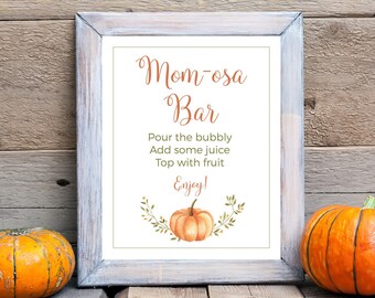 Momosa Bar 5x7, 8x10 Printable Baby Shower Mimosa Bar Sign, Pour the Bubbly, Pumpkins and Autumn Leaves, Fall Gathering, Instant Download
