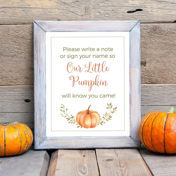 Our Little Pumpkin Guest Book 5x7, 8x10 Printable Baby Shower Guestbook Sign, Pumpkins and Autumn Leaves, Gender Neutral, Instant Download