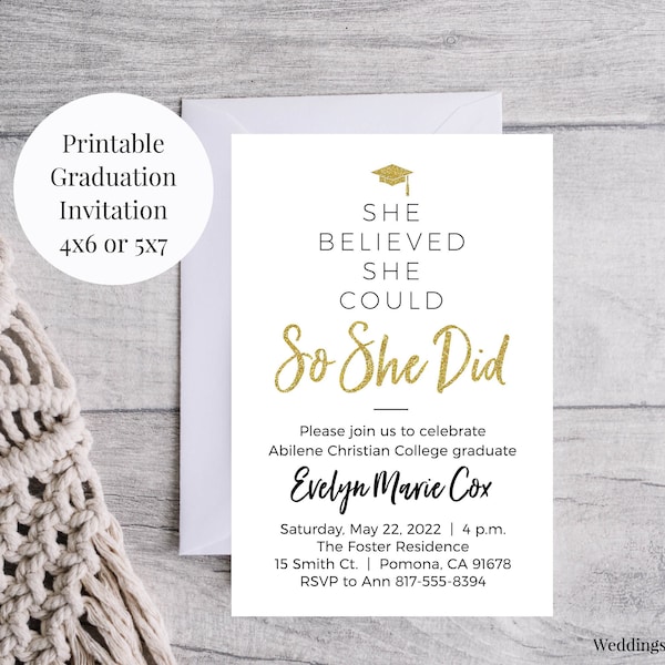 She Believed She Could So She Did 4x6 or 5x7 Gold Glitter Graduation Printable Invitations, High School or College Graduation, Class of 2024