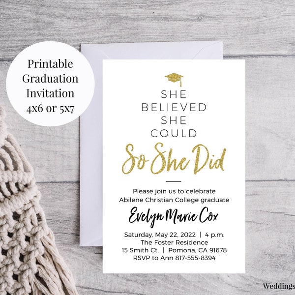 She Believed She Could So She Did 4x6 or 5x7 Gold Glitter Graduation Printable Invitations, High School or College Graduation, Class of 2024